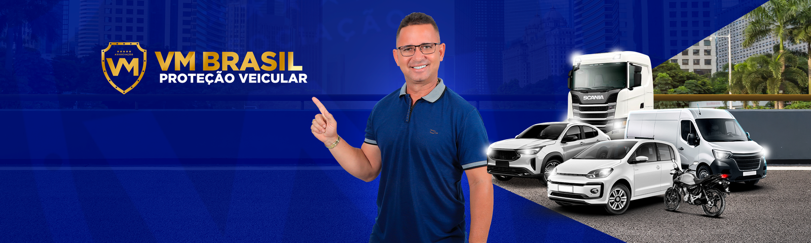 Arte da VM Brasil com empresário, caminhão, carros, utilitário e motocicleta protegidos